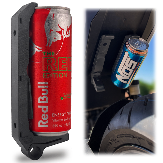 CanClip holder with a 12 oz Red Bull can and a mounted energy drink example.