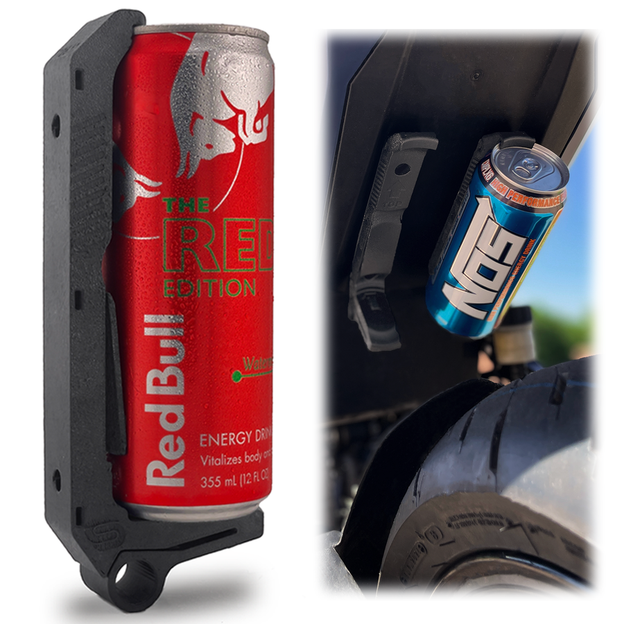 CanClip holder with a 12 oz Red Bull can and a mounted energy drink example.
