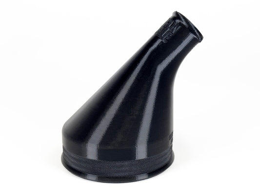 Black 45-degree dust collection reducer, nominal 4 to 1-1/4 inches; side view of the angled body.