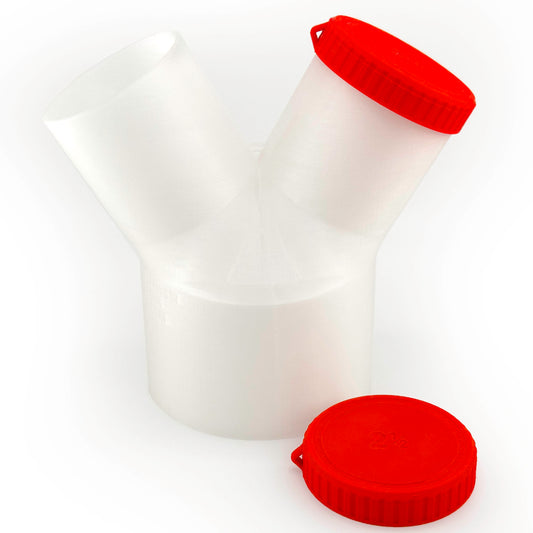 Translucent Dust Medusa 2-way dust collection splitter with a capped branch and a loose cap.