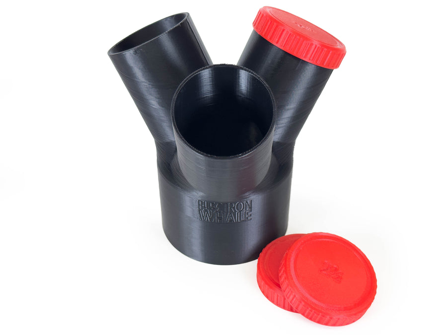 Black Dust Medusa 3-way dust collection splitter standing upright with red branch caps.