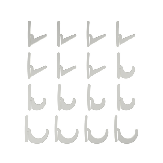 Sixteen white BearClaw shelving hooks: seven L-hooks, five J-hooks and four long J-hooks.
