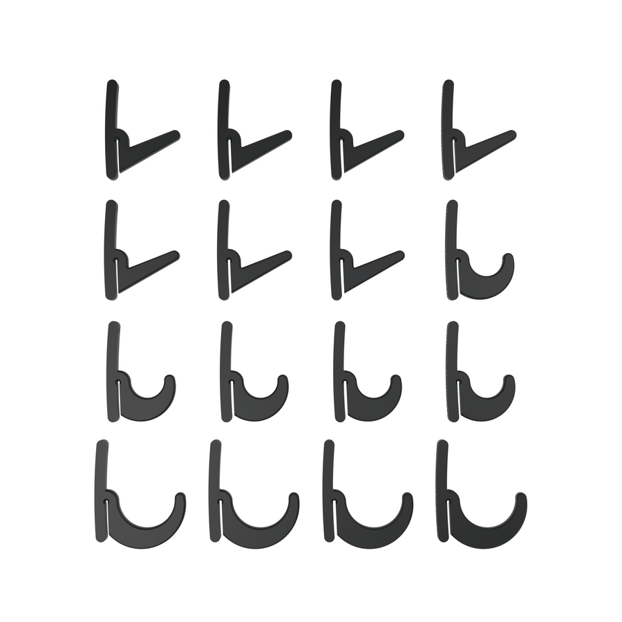 Sixteen black BearClaw shelving hooks: seven L-hooks, five J-hooks and four long J-hooks.