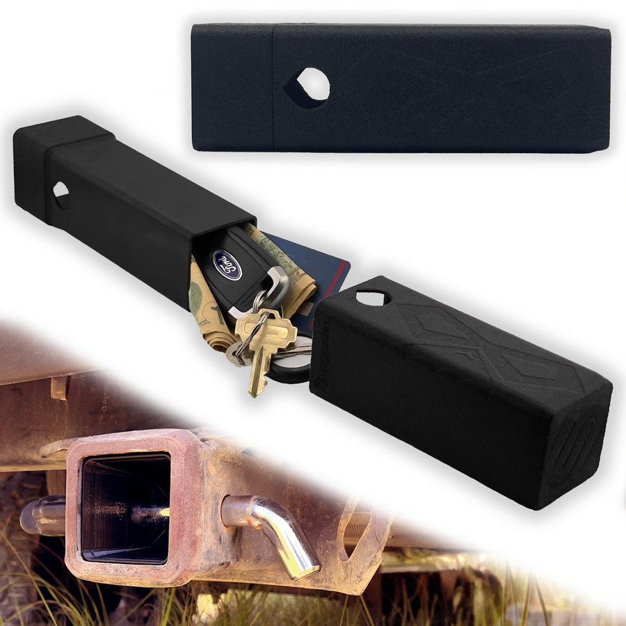 Upgraded Regular Hidey-Hitch open with example keys; inset shows a receiver installation.