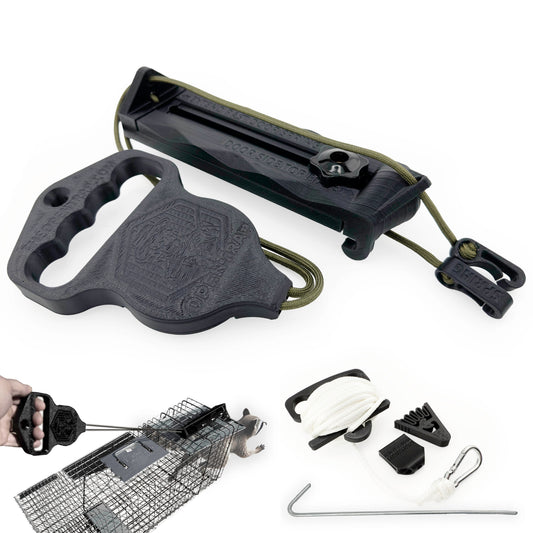 OpenTrap cage opener with handle and rope clips, extension-rope accessories, and an inset showing operation on a cage trap.