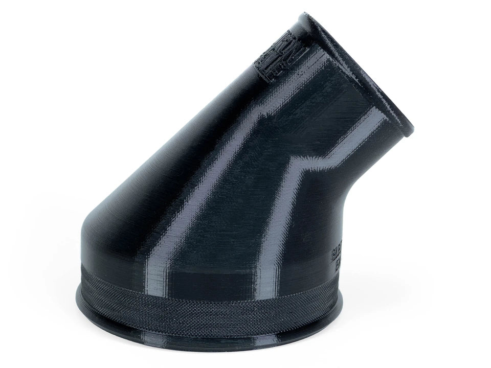Black angled reducer showing its curved connection